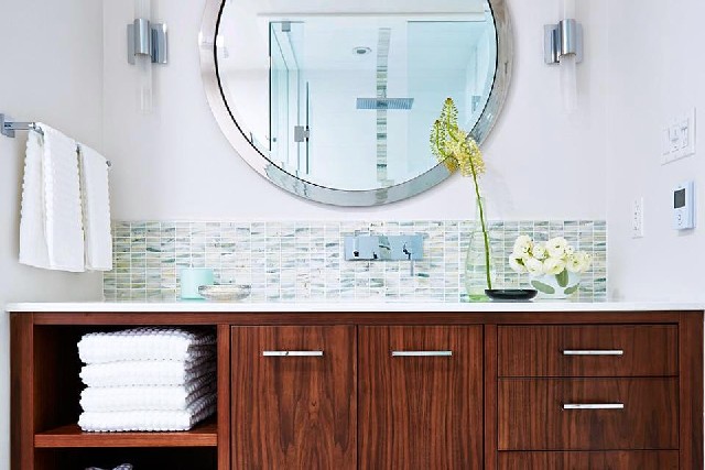 Elegant and feminine Home Design Ideas by Sarah Richardson contemporary bathroom design located in a mid-century house
