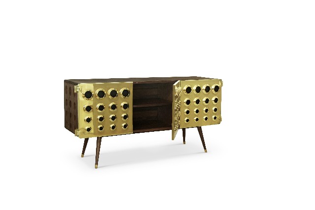 Gold details on a white fireplace delightfull monocles vintage retro urban wood brass sideboard front open delightfuçç sideboard