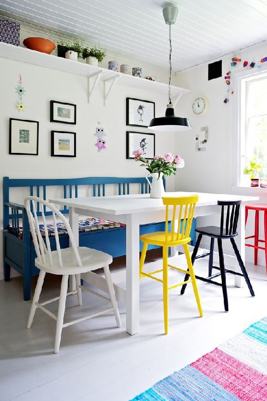 10 Happy Dinning Room Ideas to your Summer House colorful dining room table bench painted chairs white walls