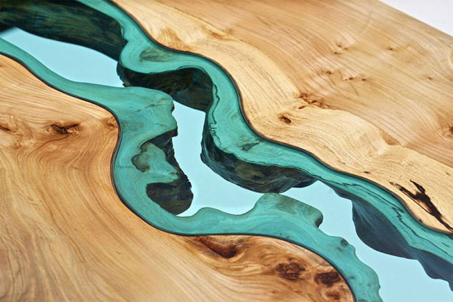 Stunning Wooden Coffee table With Glass Rivers and Lakes