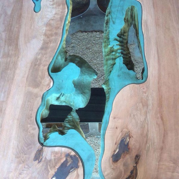 Stunning Wooden table With Glass Rivers and Lakes