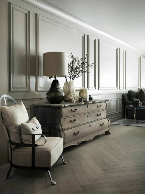 The herringbone floor gives the room an elegant Parisian look.